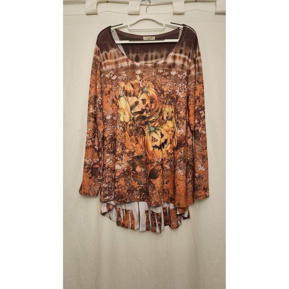 OneWorld Shirt Womens XL Orange Pumpkin Halloween Rhinestone‎ Long Sleeve Tunic